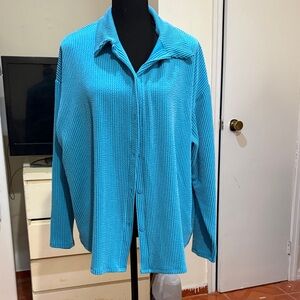 Fashion Nova Blue Ribbed Button-Up Top